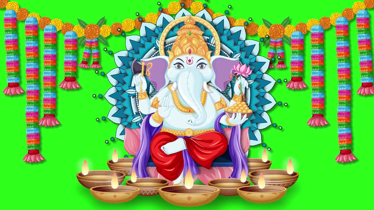 Animação colorida de divindade hindu aparece com guirlandas florais e lamparinas a óleo tremeluzentes em fundo verde