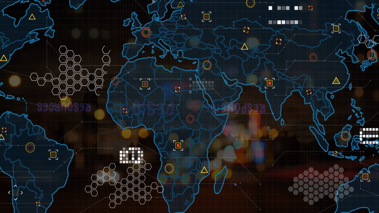 animación de puntos conectados, patrones hexagonales, mapa sobre vehículos desenfocados que se mueven en la calle