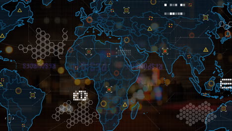 animación de puntos conectados, patrones hexagonales, mapa sobre vehículos desenfocados que se mueven en la calle