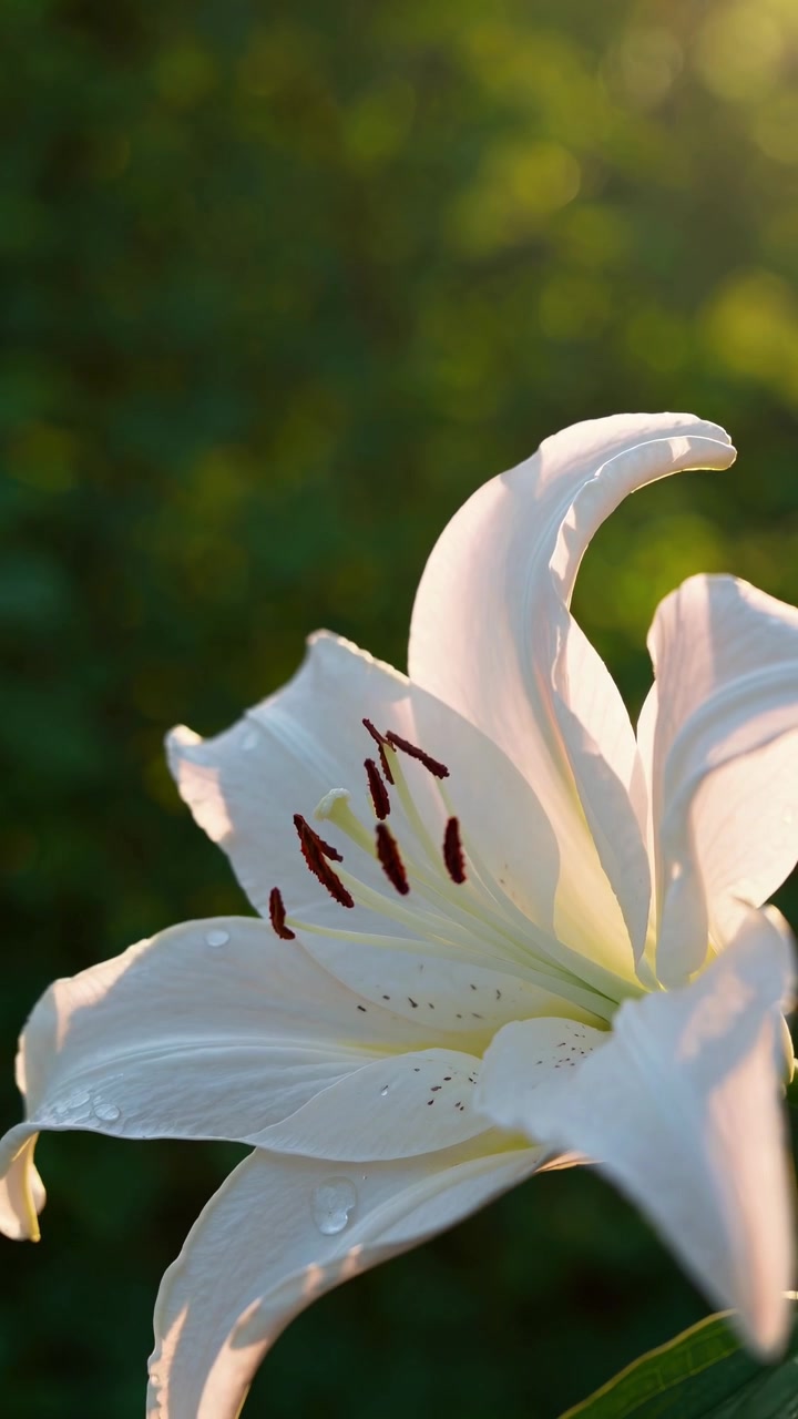 Hvit liljeblomst i full blomst i sollys under den gylne timen