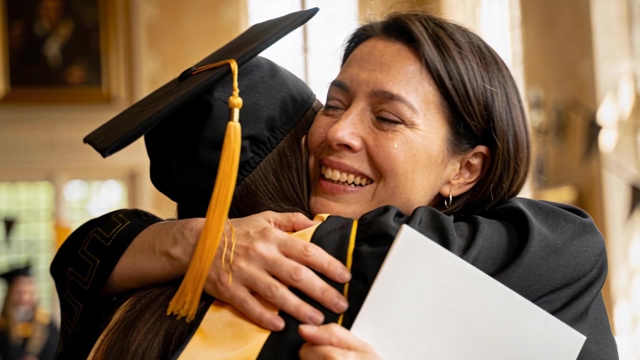 Donna in lacrime che abbraccia il laureato dopo la cerimonia di laurea, con tocco e stola, mentre tiene il diploma