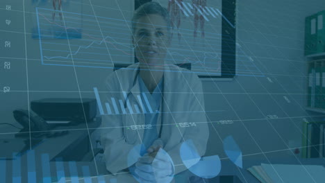 animation of financial data processing over caucasian female doctor