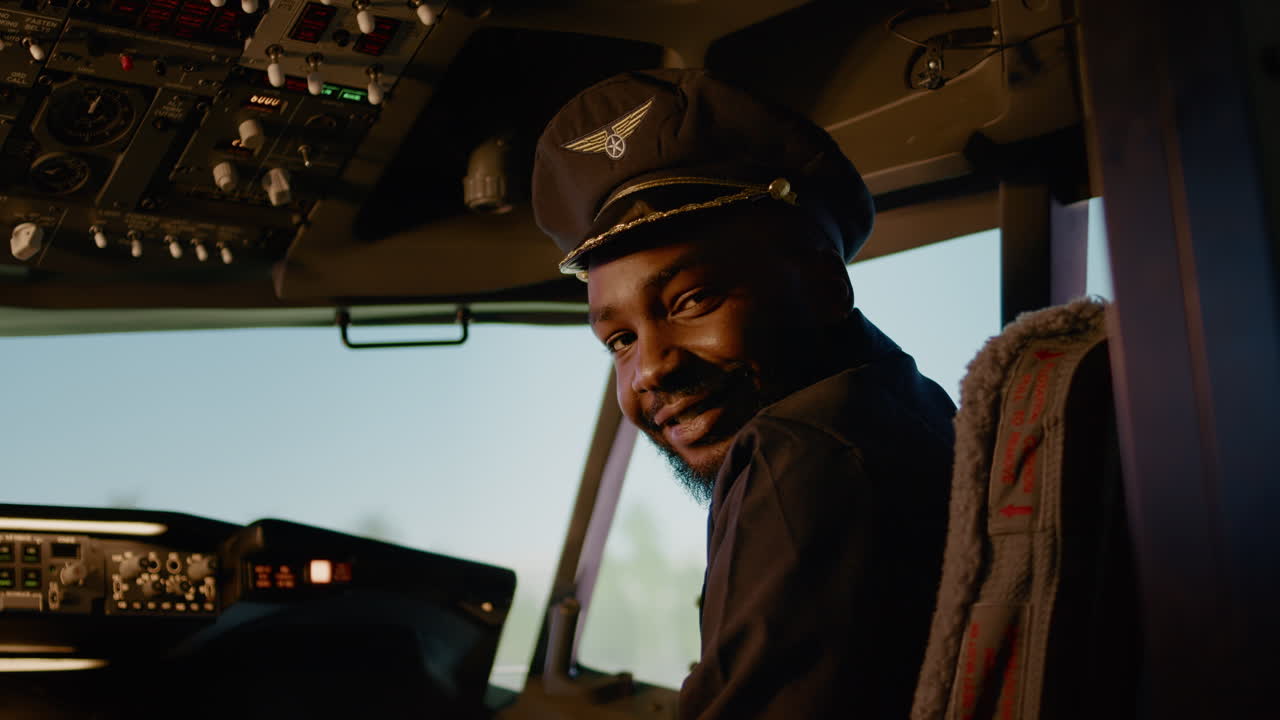 Portrait of male copilot pressing power switch buttons