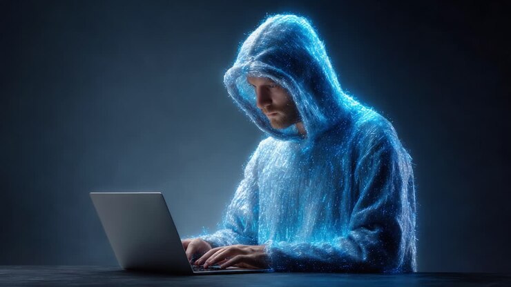Una figura misteriosa con una felpa luminosa interagisce con un laptop: la connessione eterea tra tecnologia e presenza digitale catturata con dettagli straordinari