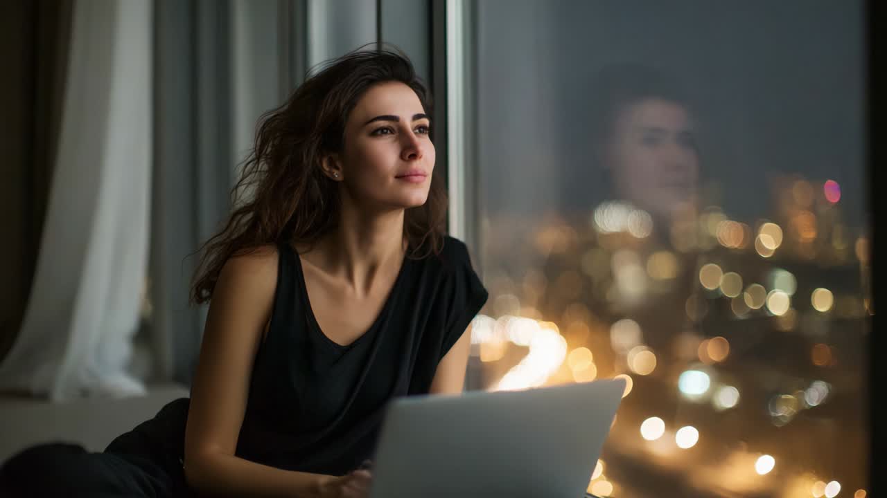 Una donna contemplativa guarda fuori dalla finestra un vivace paesaggio notturno urbano, illuminato da luci brillanti, mentre riflette sui suoi pensieri e sulla bellezza della notte, creando un'atmosfera serena e pensosa