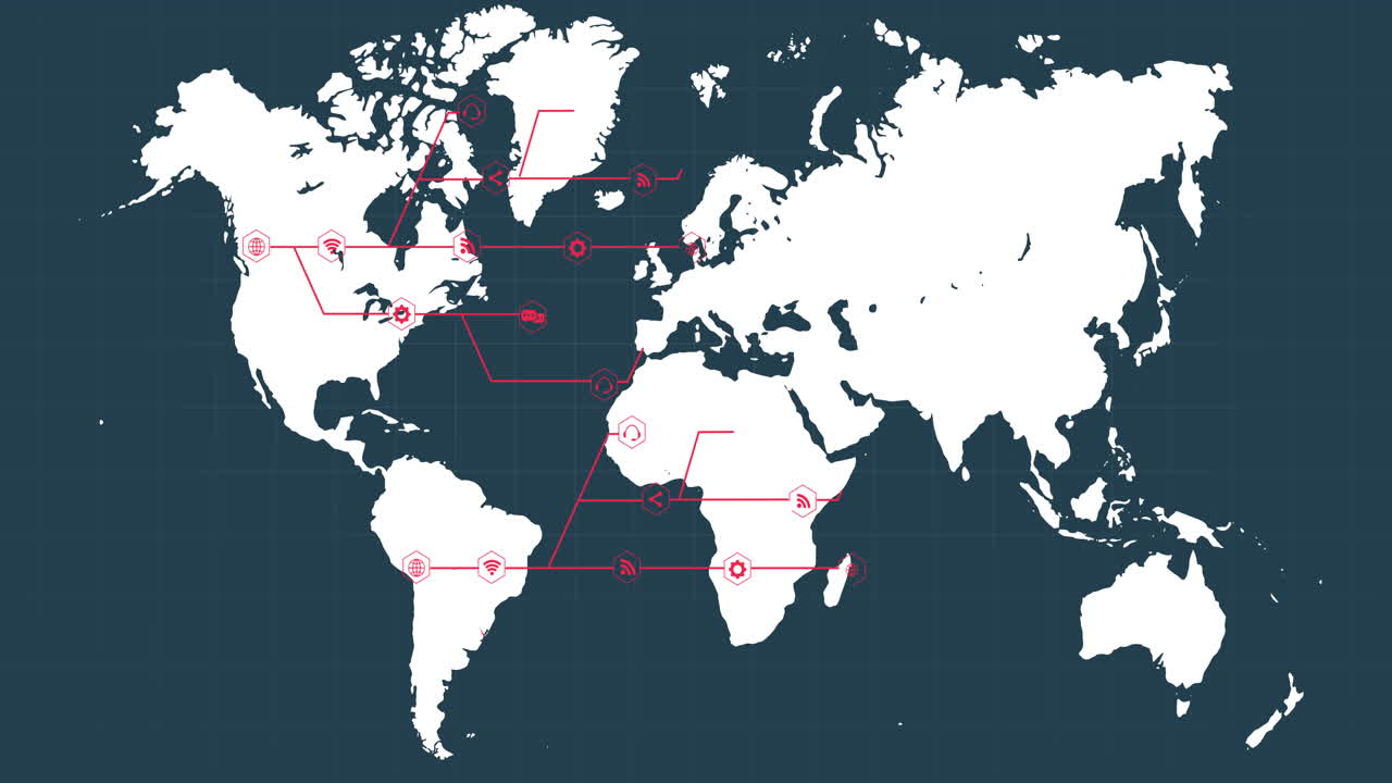White world map with growing red network of connected icons on dark grey background