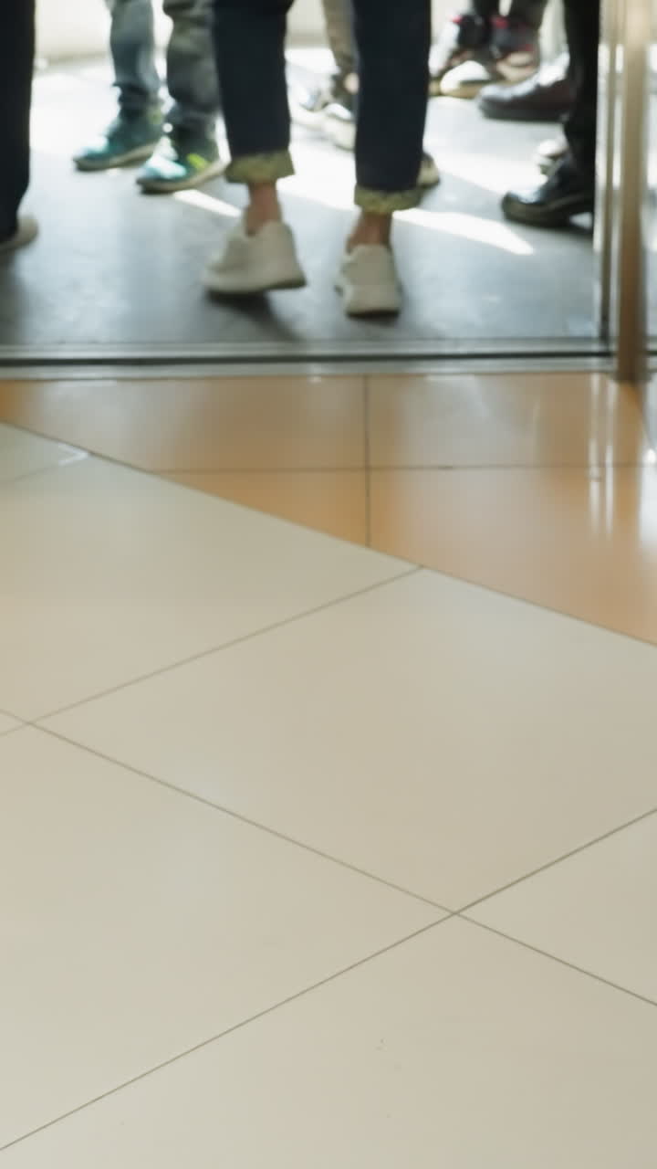 una vista dinámica en primera persona capturada con una cámara portátil, que muestra la mitad inferior de varias personas entrando en un ascensor. la escena se centra en el movimiento y la diversidad de calzado