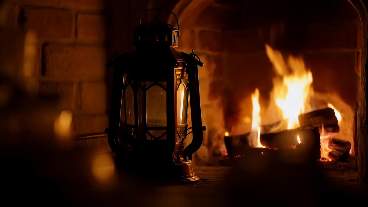 Lanterna di metallo riflettente che cattura fiamme tremolanti, braci sul focolare mentre i ceppi si muovono, cambiando il bagliore
