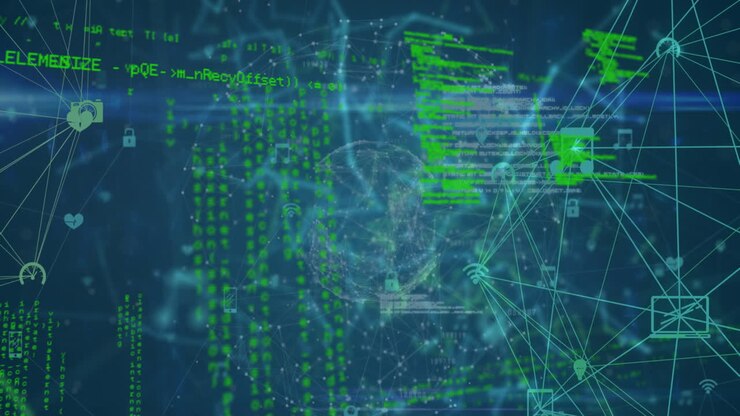 Animation of globe with network of connections and data processing