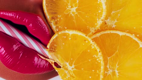 labios rojos con rodajas de frutas tropicales de fondo naranja