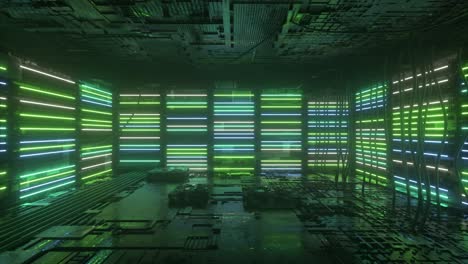 neon background. green and blue neon background appears and disappears. bright vibrant neon background. technological space. room. 3d animation