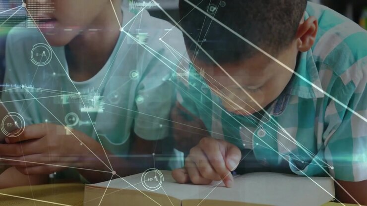 Right boy tracing opening book left holding card glancing HUD overlay crossing hands aiding reading