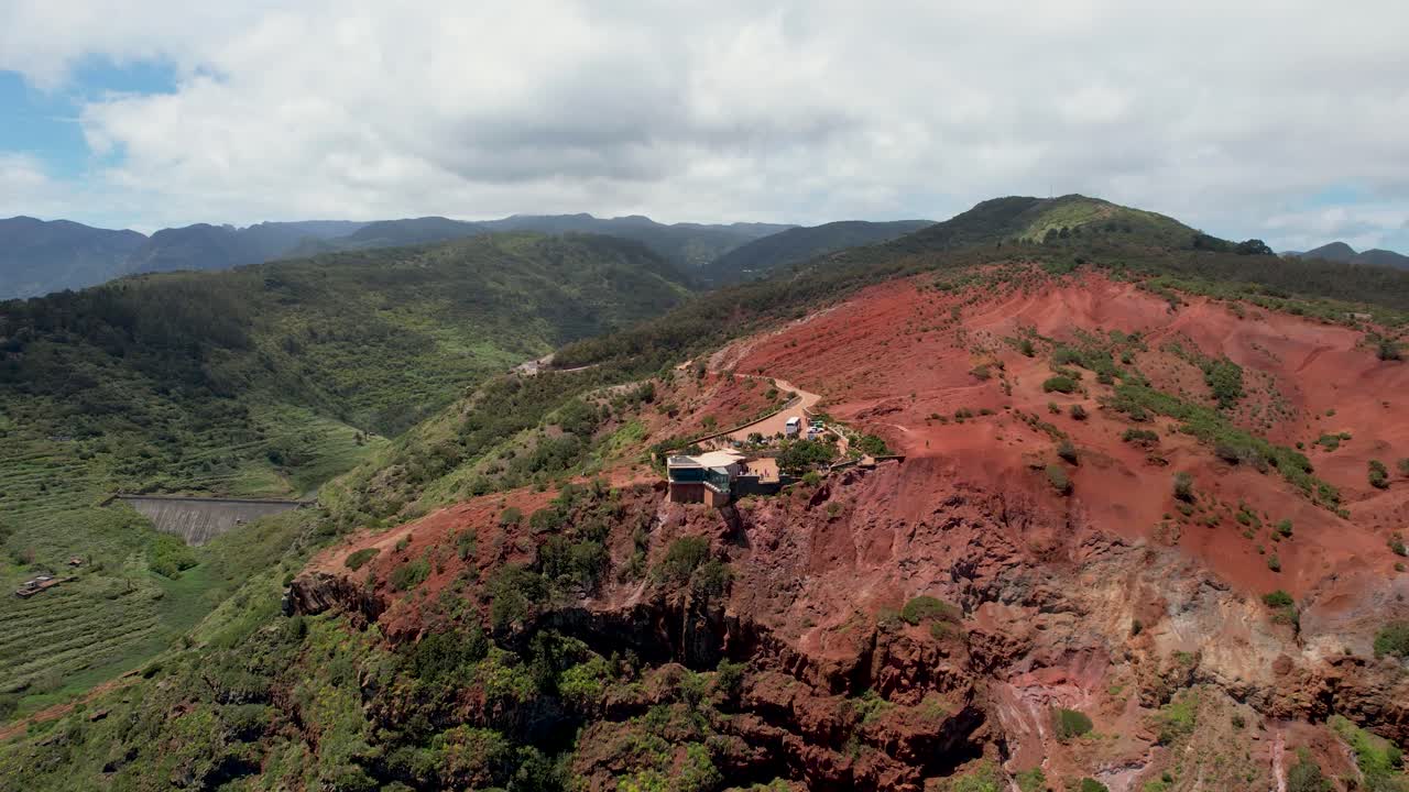 Slow Aerial Reveal Of Mirador de Abrante Surrounded By Red Volcanic Landscape, La Gomera Island, Spain