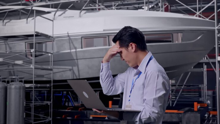 Side View Of An Asian Male Professional Worker Use Laptop with Yacht Construction in Modern Shipyard, He Is Nodding His Head With Dissapionted