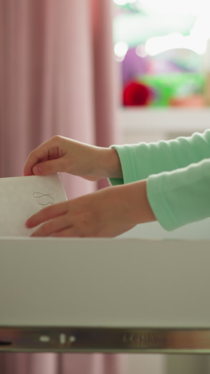 la niña saca archivos y papeles del cajón del escritorio en el cuarto de los niños. el niño busca suministros para la escuela en la caja del baño en casa. muebles modernos