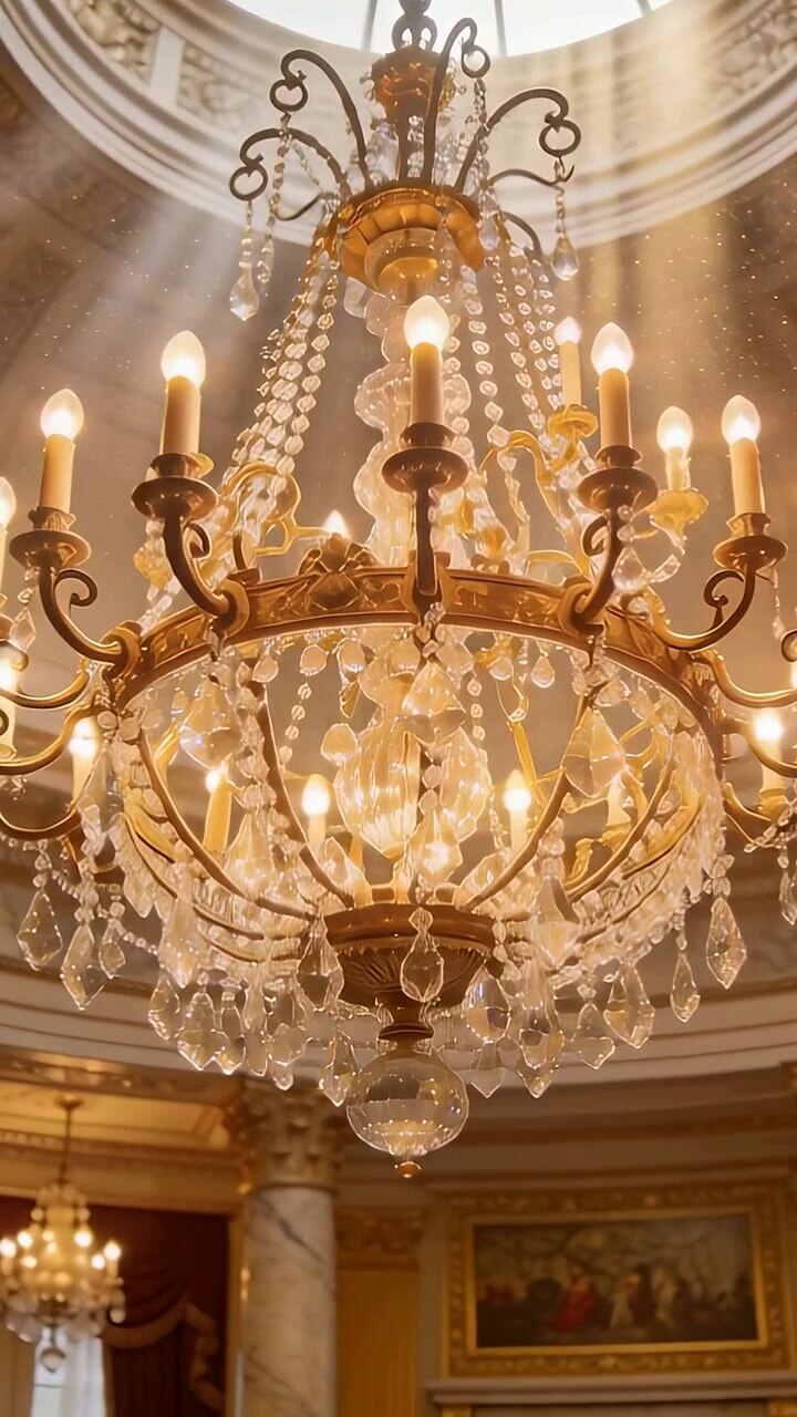 Video verticale: Lampadario scintillante che cattura i raggi del sole attraverso il lucernario in una sala ornata, mostrando la polvere.
