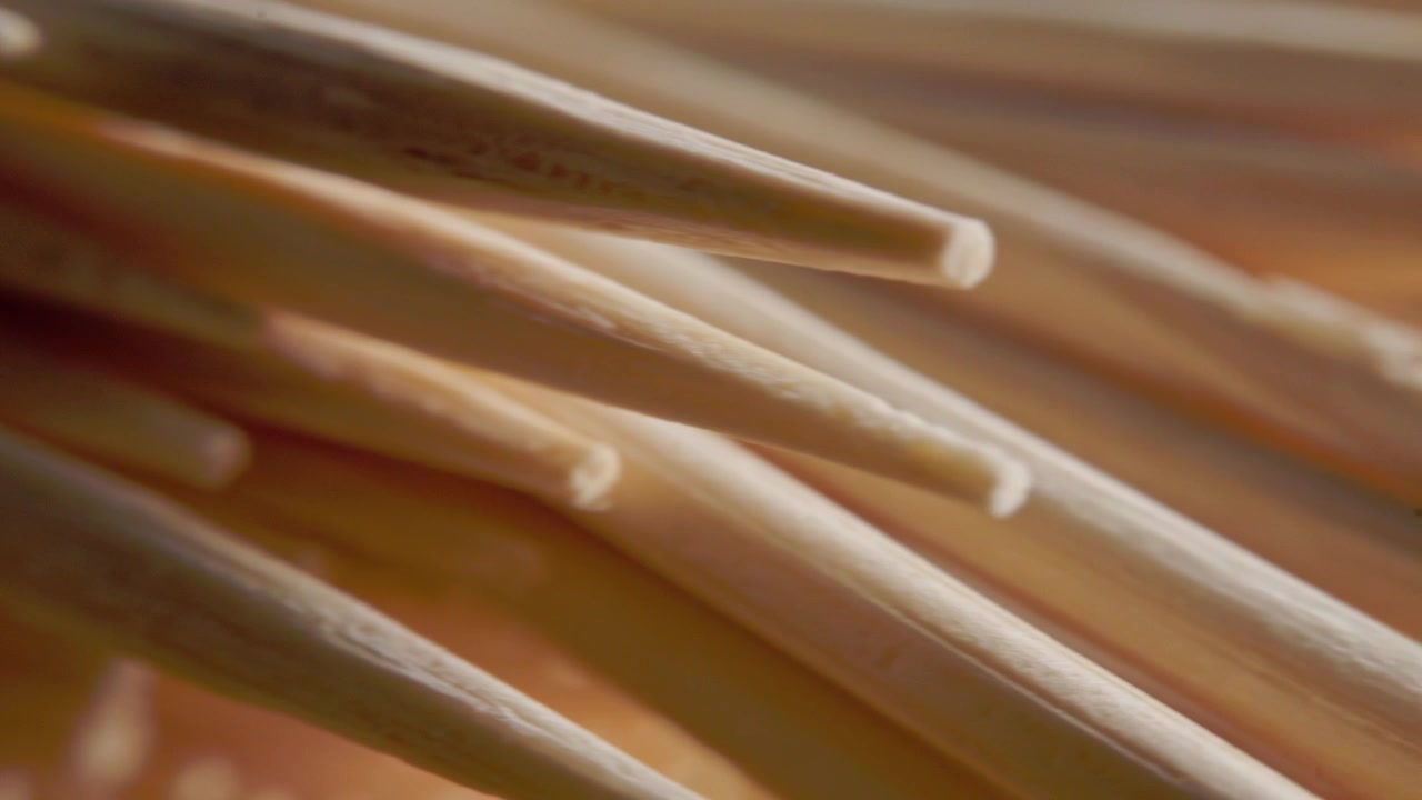 Makro-Nahaufnahme von hölzernen Zahnstochern, die in einem Bündel angeordnet sind, wobei die natürliche Holztextur, sich wiederholende Formen und eine geringe Schärfentiefe mit selektivem Fokus hervorgehoben werden.