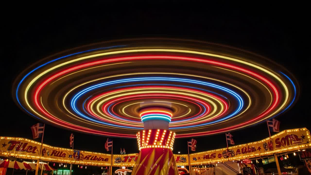A mesmerizing dynamic view of a vibrant amusement ride illuminated against the night sky, showcasing colorful lights in motion, creating a captivating spectacle of fun and excitement