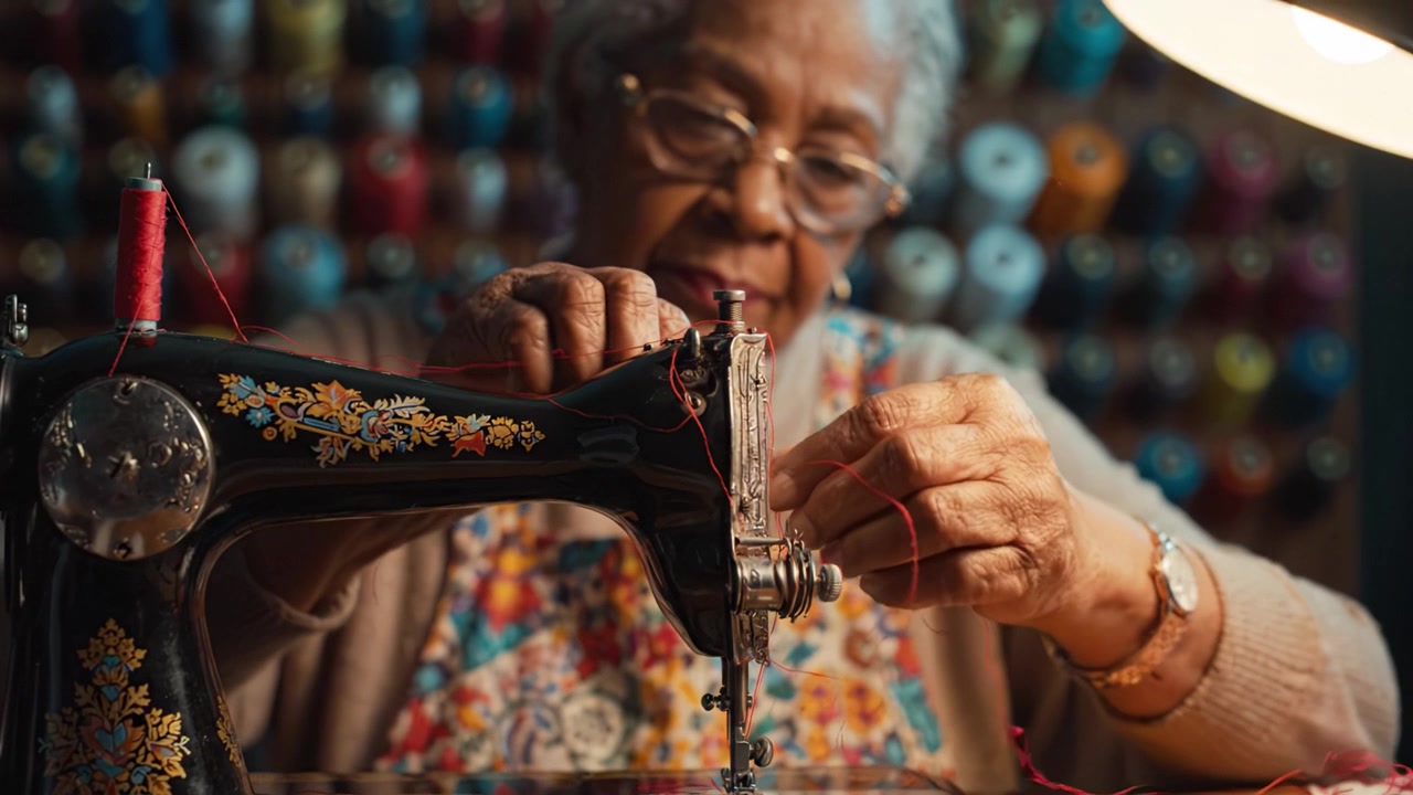 Uma senhora idosa costura habilmente com uma máquina de costura vintage, cercada por linhas coloridas em um espaço de artesanato aconchegante, exibindo sua habilidade e dedicação à arte