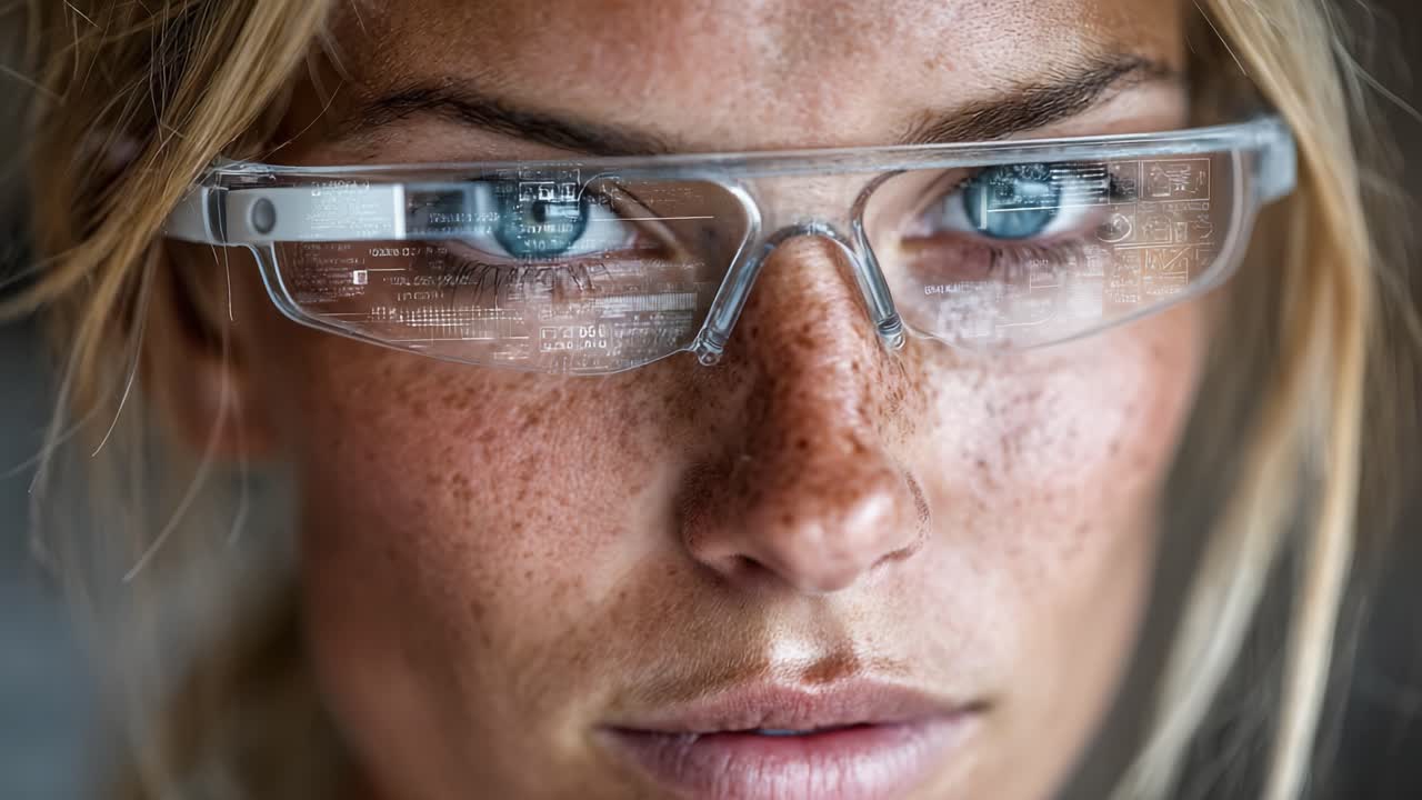 Close-Up Portrait of a Young Woman with Clear Eyewear, Highlighting Freckles and Captivating Blue Eyes, Offering a Glimpse into Modern Optical Technology in a Unique Setting