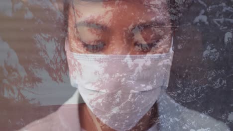 Animation-of-woman-wearing-face-mask-against-winter-scenery