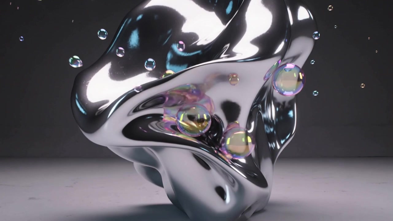 Camera pulling back, rotating chrome form shifting down in studio, revealing base with soap bubbles
