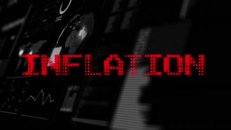 animación del texto de inflación en rojo sobre el globo, mapa del mundo y procesamiento de datos en la interfaz