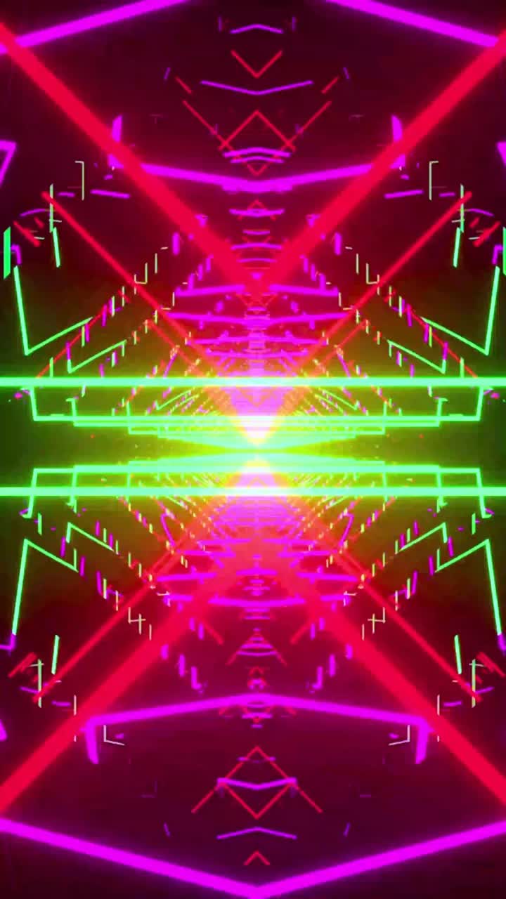 Tunnel di luce neon vibrante in loop con forme geometriche