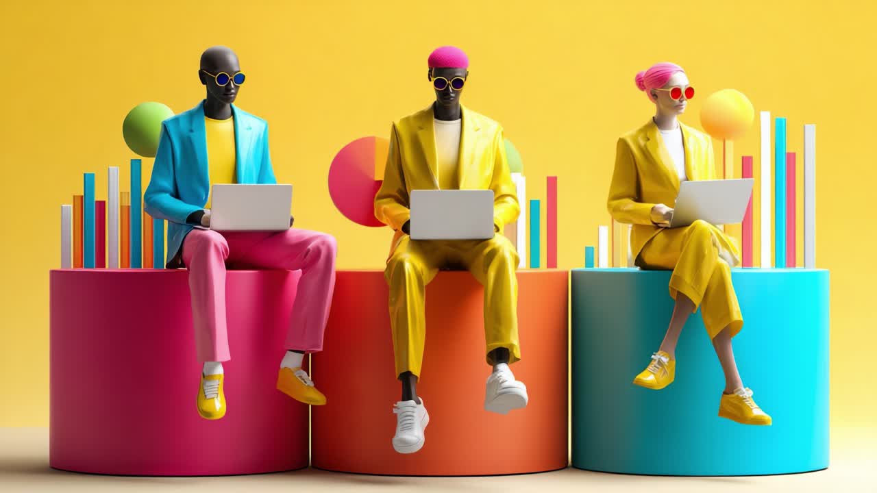 Vibrant Digital Collaboration: Three Stylized Figures Engaged with Laptops Against a Bold Yellow Background, Showcasing Modern Creativity and Diverse Fashion Trends in a Playful Setting
