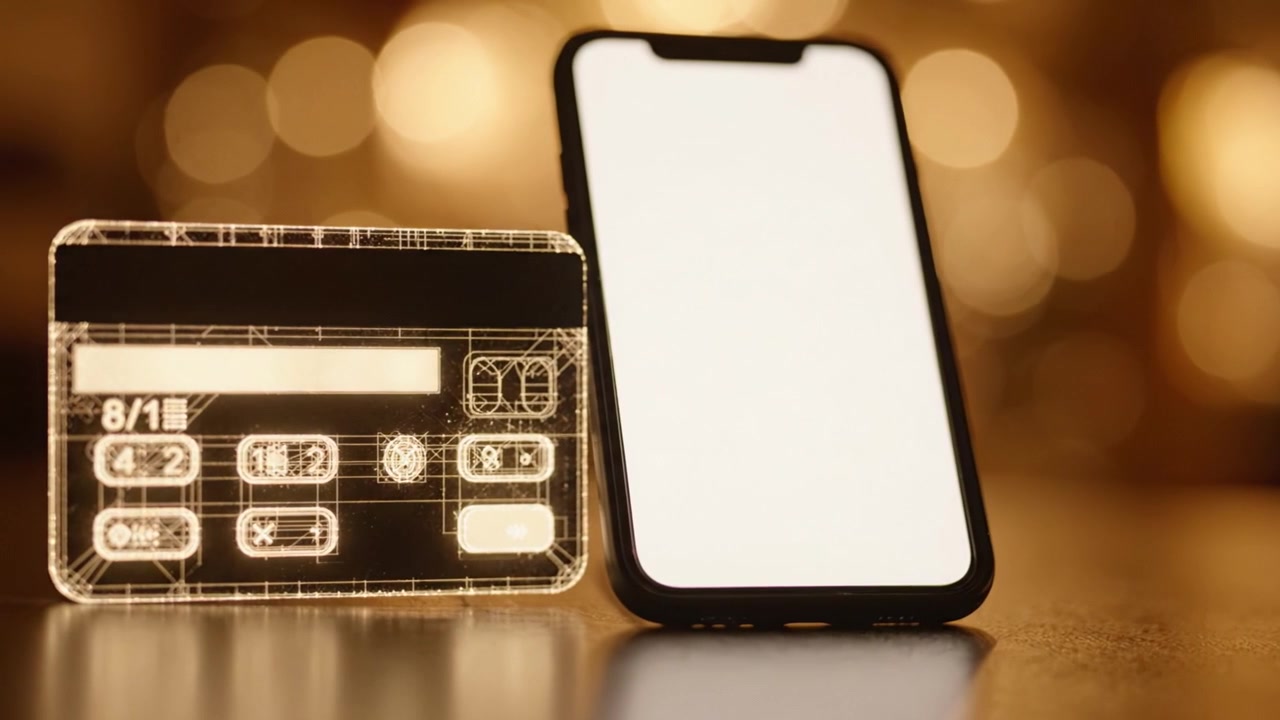 Uno smartphone elegante accanto a una carta di credito trasparente su uno sfondo dorato sfocato, che mette in mostra la tecnologia moderna e le transazioni finanziarie in primo piano
