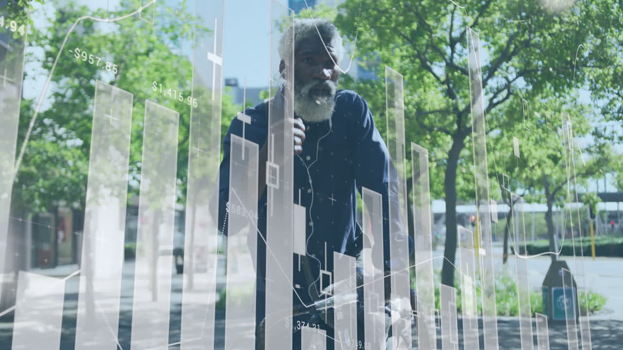 animación del procesamiento de datos financieros sobre un hombre afroamericano que lleva auriculares