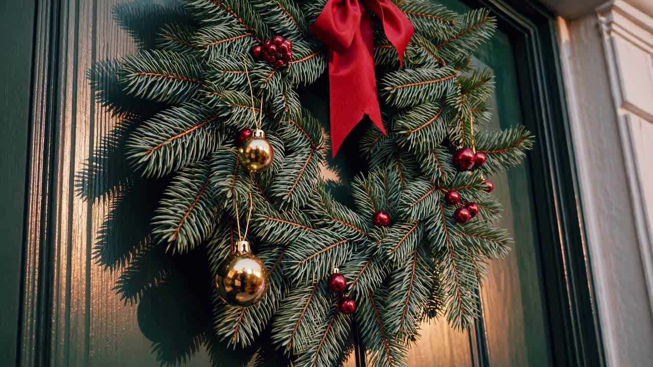 Festive wreath with red bow and ornaments on a green door, captured from a side angle