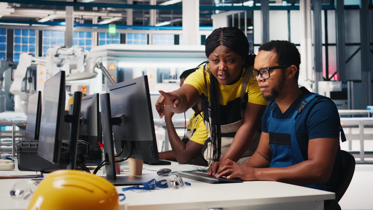 Vertical Video African american colleagues analyze power data from solar production line