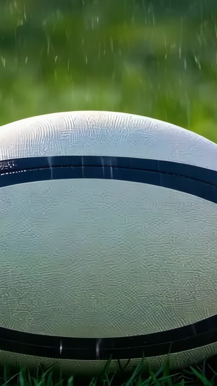 Vertical video: Starting raindrops hitting white rugby ball on grass, forming rivulets on stripes