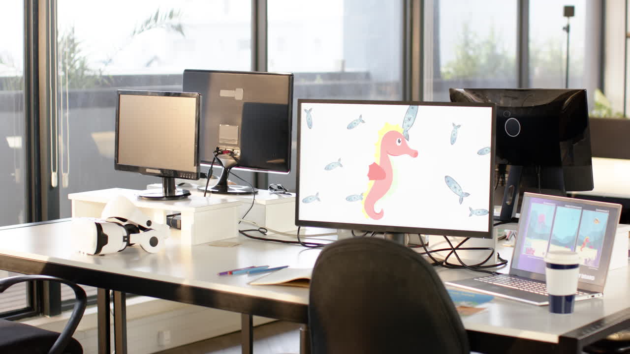 Promoting creative writing business, office workspace with multiple monitors and VR headset