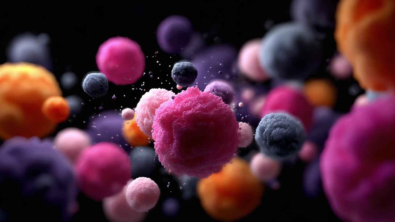 Vibrant Exploration of Colorful Particles and Microbial Forms in Motion, Capturing the Intricate Dynamics of Natural Elements in a Stunning Abstract Display