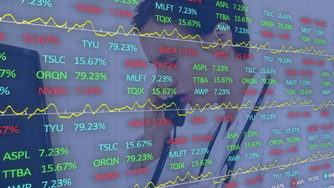 전화를 사용하는 여성 의사에 대한 주식 시장의 애니메이션