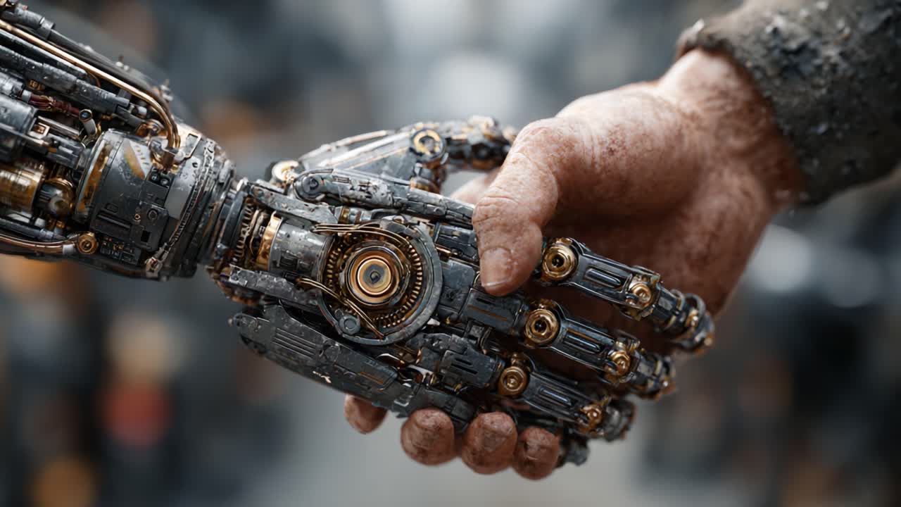 A Powerful Connection: The Intricate Touch of Technology and Humanity in a Robotic Handshake Symbolizing Unity and Innovation