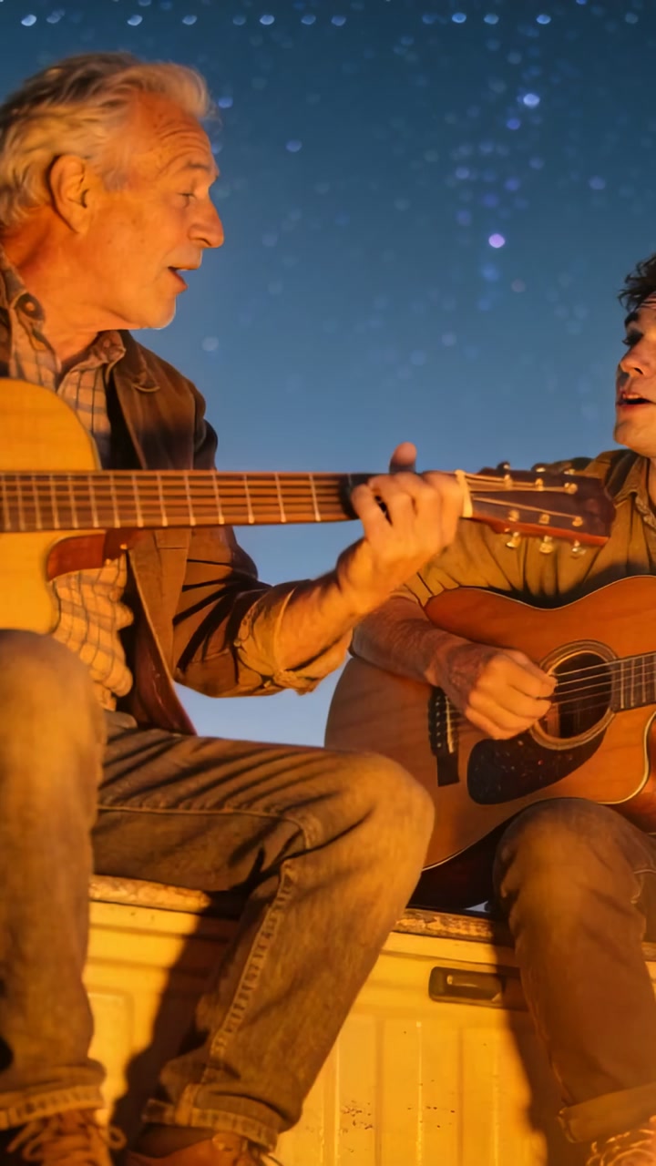 Senior man starting strumming on tailgate, younger man syncing guitars, music bonding under stars
