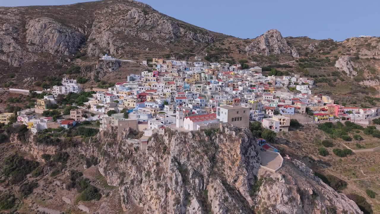 Drone View of Colorful Hillside Houses in Menetes Village, Karpathos Island, Greece
