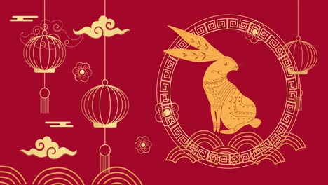 Animation-of-chinese-traditional-decorations-with-rabbit-on-red-background