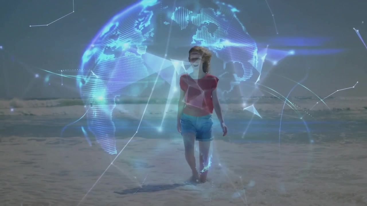 Woman walking on beach causing floating triangles to form rotating holographic network tech globe