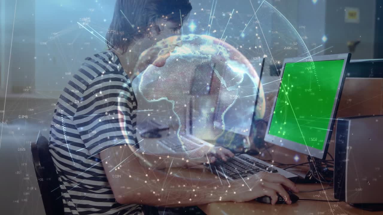 Man sitting at desk forming hologram while typing commands and analyzing rotating network data