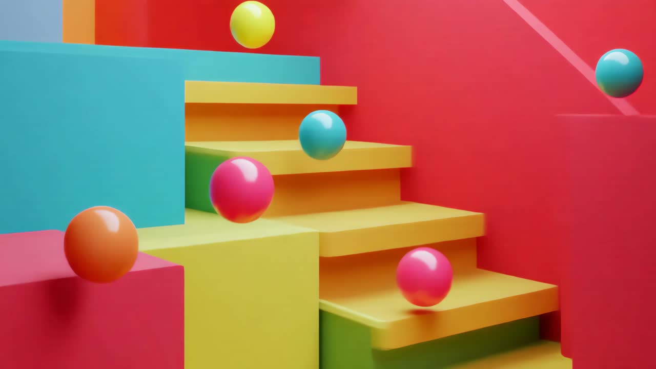 Pemandangan 3D Geometris Abstrak Berwarna-warni dengan Tangga dan Bola