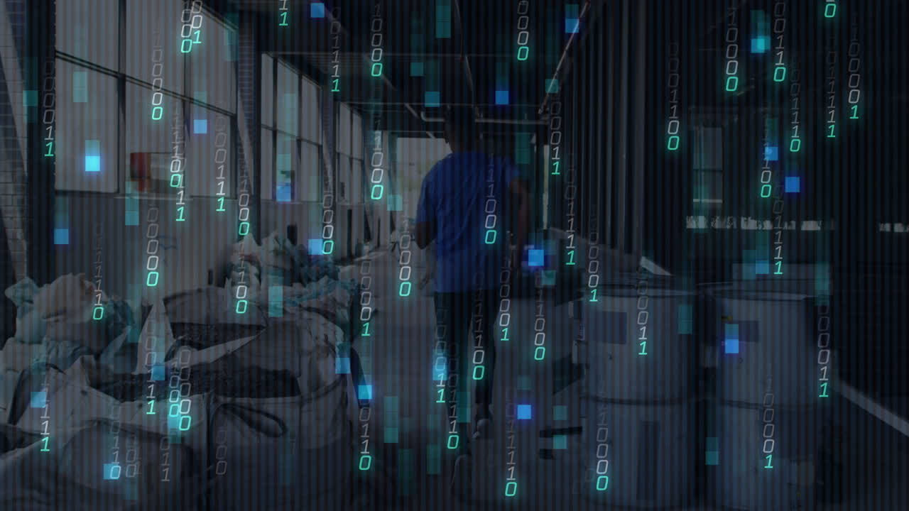 Gehen durch einen industriellen Arbeitsbereich, Person mit überlagerter Binärcode-Animation