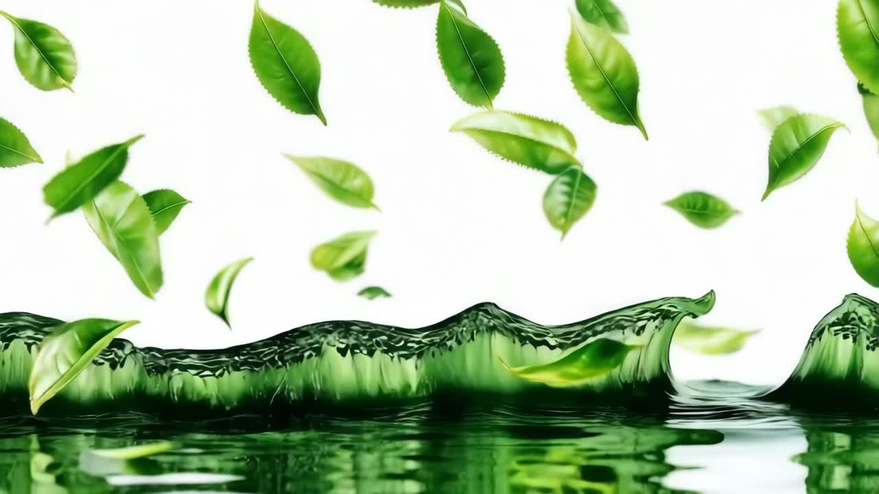 Dynamic video concept of green leaves floating above a vibrant liquid surface