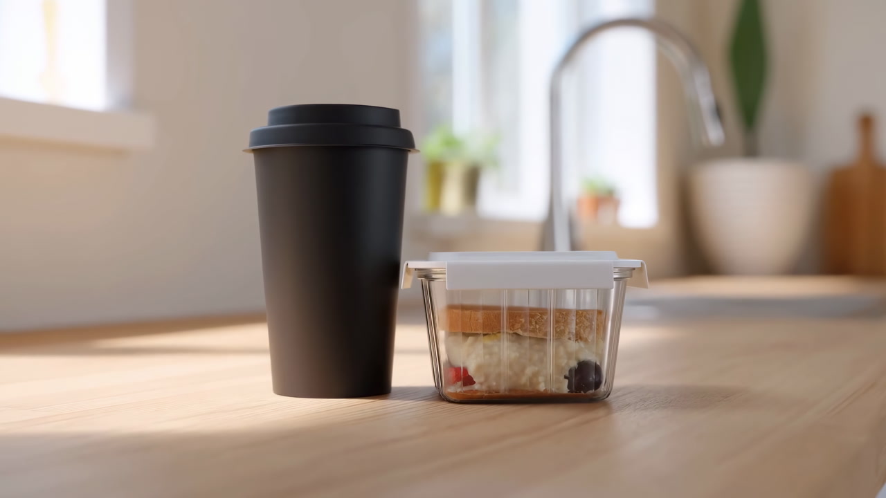 Black Coffee Cup And Breakfast Container On Wooden Kitchen Counter With Sunlit Faucet And Potted Plant Clear