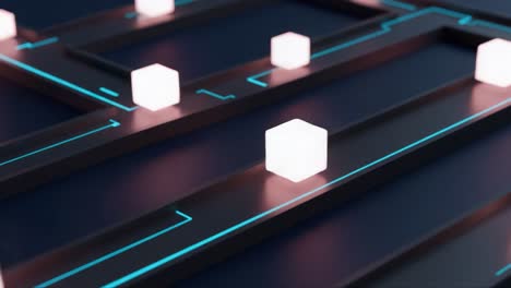 a close-up exploration of abstract neon cubes gliding along a dark surface, highlighting a futuristic design aesthetic in a digital environment