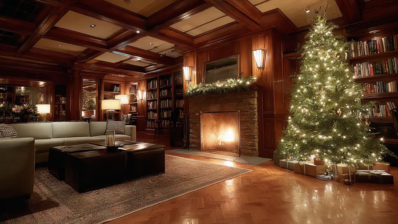 Cozy Holiday Living Room with Christmas Tree and Warm Fireplace Ambiance, Perfect for Festive Gatherings and Winter Celebrations in a Charming Atmosphere