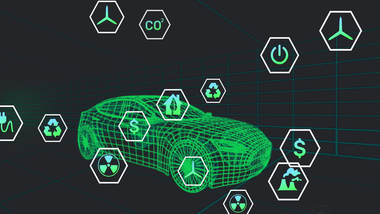 검은색 배경에서 움직이는 3d 자동차 모델 위에서 아이콘의 처리 상태 데이터를 애니메이션